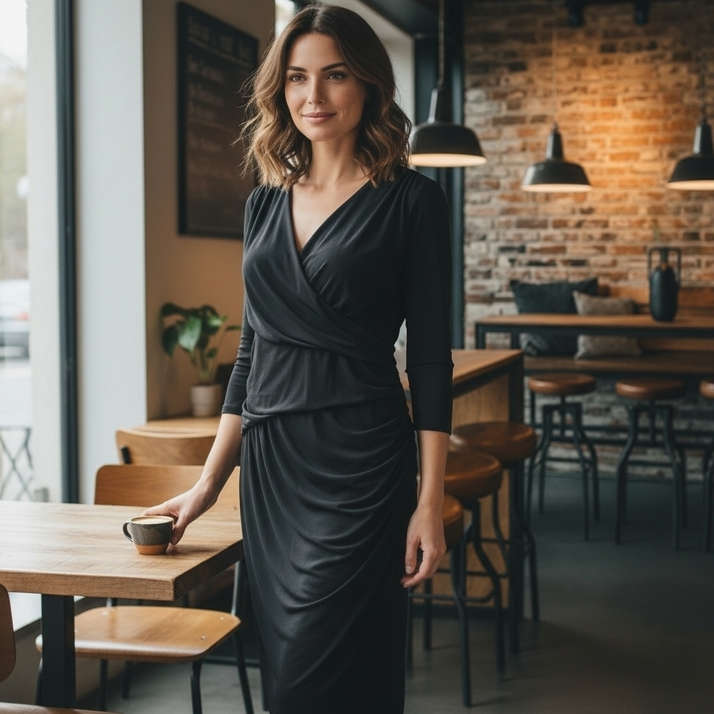 Cleo Black Long Sleeve Draped Wrap Dress Size 16P
